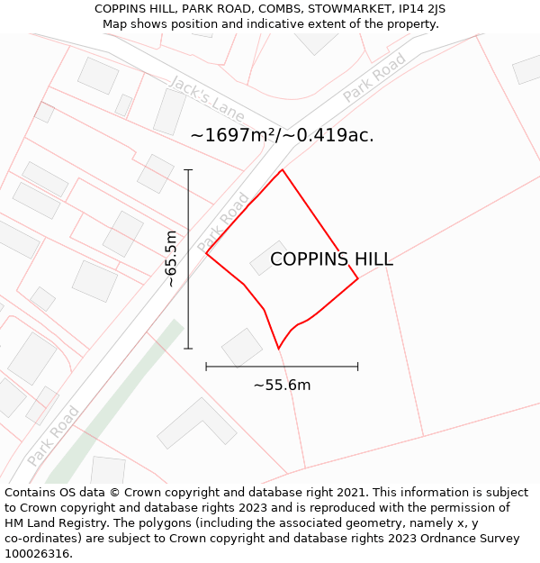 COPPINS HILL, PARK ROAD, COMBS, STOWMARKET, IP14 2JS: Plot and title map
