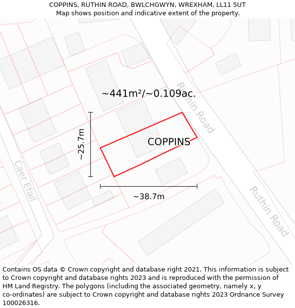 COPPINS, RUTHIN ROAD, BWLCHGWYN, WREXHAM, LL11 5UT: Plot and title map