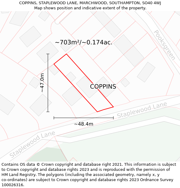 COPPINS, STAPLEWOOD LANE, MARCHWOOD, SOUTHAMPTON, SO40 4WJ: Plot and title map