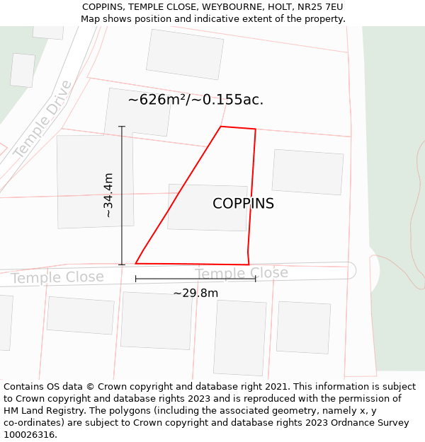 COPPINS, TEMPLE CLOSE, WEYBOURNE, HOLT, NR25 7EU: Plot and title map