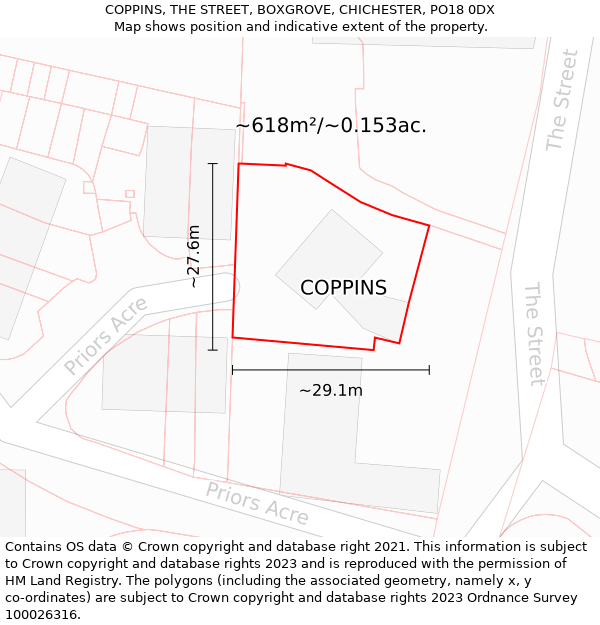 COPPINS, THE STREET, BOXGROVE, CHICHESTER, PO18 0DX: Plot and title map