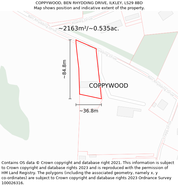 COPPYWOOD, BEN RHYDDING DRIVE, ILKLEY, LS29 8BD: Plot and title map