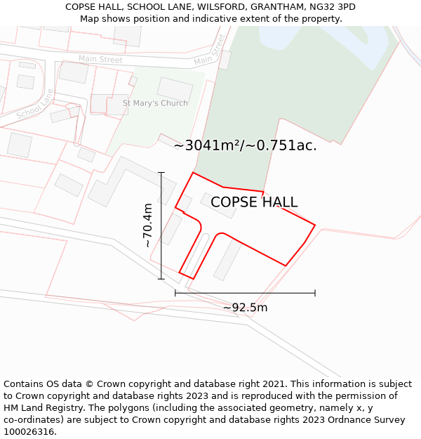COPSE HALL, SCHOOL LANE, WILSFORD, GRANTHAM, NG32 3PD: Plot and title map