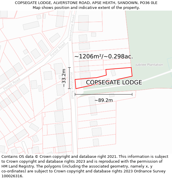 COPSEGATE LODGE, ALVERSTONE ROAD, APSE HEATH, SANDOWN, PO36 0LE: Plot and title map