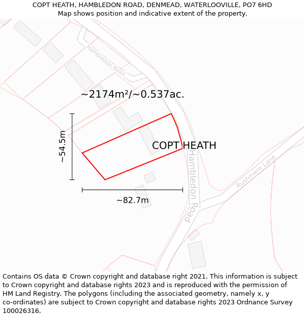 COPT HEATH, HAMBLEDON ROAD, DENMEAD, WATERLOOVILLE, PO7 6HD: Plot and title map