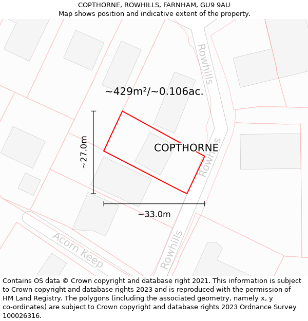 COPTHORNE, ROWHILLS, FARNHAM, GU9 9AU: Plot and title map