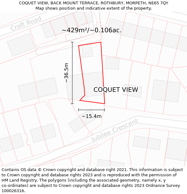 COQUET VIEW, BACK MOUNT TERRACE, ROTHBURY, MORPETH, NE65 7QY: Plot and title map