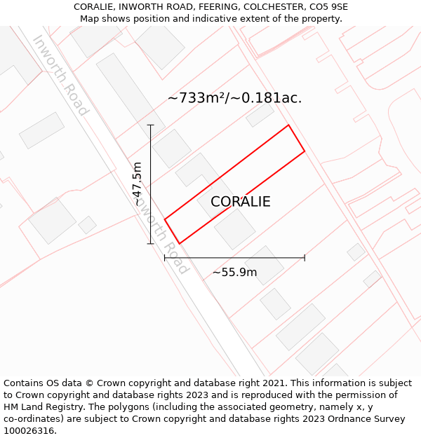 CORALIE, INWORTH ROAD, FEERING, COLCHESTER, CO5 9SE: Plot and title map