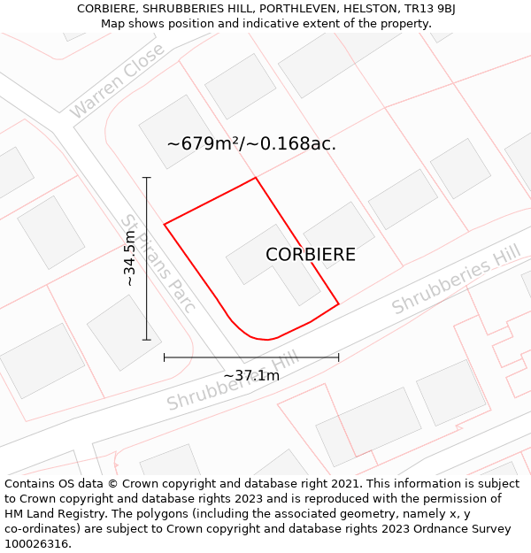 CORBIERE, SHRUBBERIES HILL, PORTHLEVEN, HELSTON, TR13 9BJ: Plot and title map