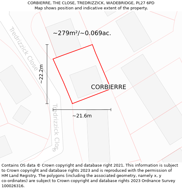 CORBIERRE, THE CLOSE, TREDRIZZICK, WADEBRIDGE, PL27 6PD: Plot and title map