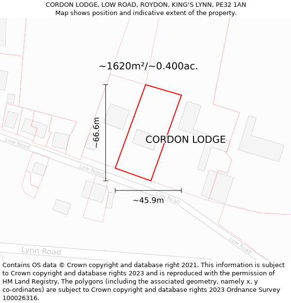 CORDON LODGE, LOW ROAD, ROYDON, KING'S LYNN, PE32 1AN: Plot and title map