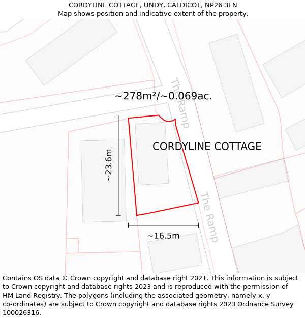 CORDYLINE COTTAGE, UNDY, CALDICOT, NP26 3EN: Plot and title map