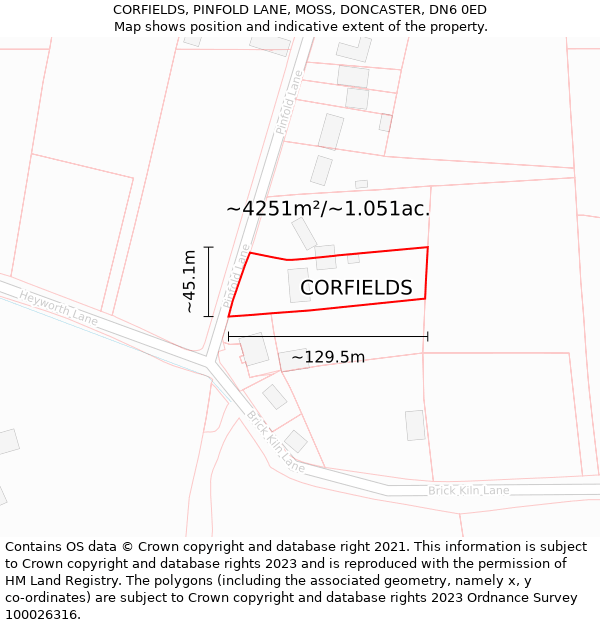 CORFIELDS, PINFOLD LANE, MOSS, DONCASTER, DN6 0ED: Plot and title map