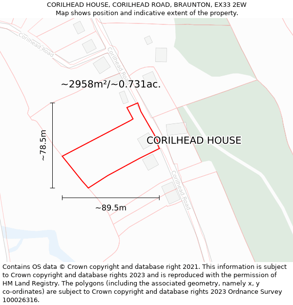 CORILHEAD HOUSE, CORILHEAD ROAD, BRAUNTON, EX33 2EW: Plot and title map