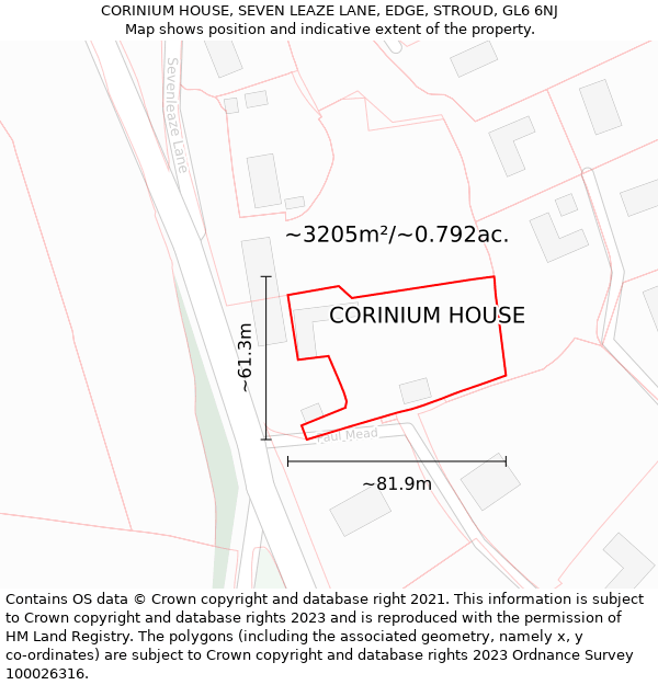 CORINIUM HOUSE, SEVEN LEAZE LANE, EDGE, STROUD, GL6 6NJ: Plot and title map