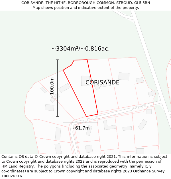 CORISANDE, THE HITHE, RODBOROUGH COMMON, STROUD, GL5 5BN: Plot and title map