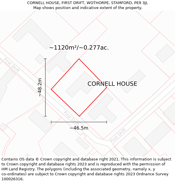 CORNELL HOUSE, FIRST DRIFT, WOTHORPE, STAMFORD, PE9 3JL: Plot and title map