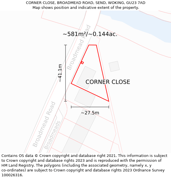 CORNER CLOSE, BROADMEAD ROAD, SEND, WOKING, GU23 7AD: Plot and title map
