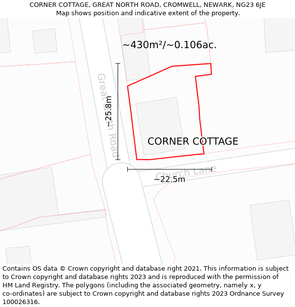 CORNER COTTAGE, GREAT NORTH ROAD, CROMWELL, NEWARK, NG23 6JE: Plot and title map