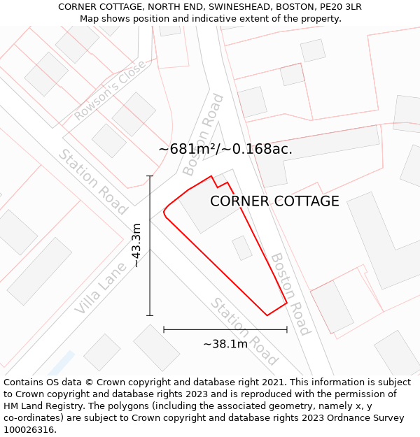 CORNER COTTAGE, NORTH END, SWINESHEAD, BOSTON, PE20 3LR: Plot and title map