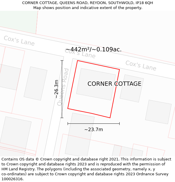 CORNER COTTAGE, QUEENS ROAD, REYDON, SOUTHWOLD, IP18 6QH: Plot and title map