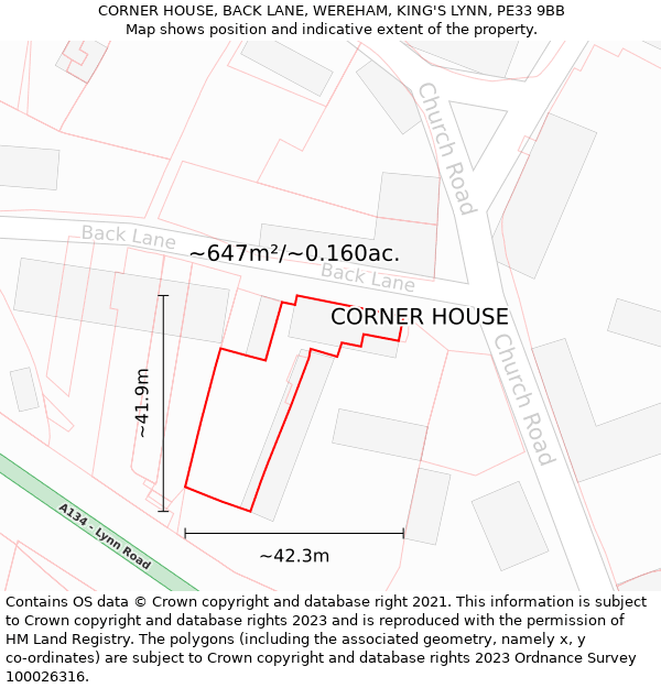 CORNER HOUSE, BACK LANE, WEREHAM, KING'S LYNN, PE33 9BB: Plot and title map
