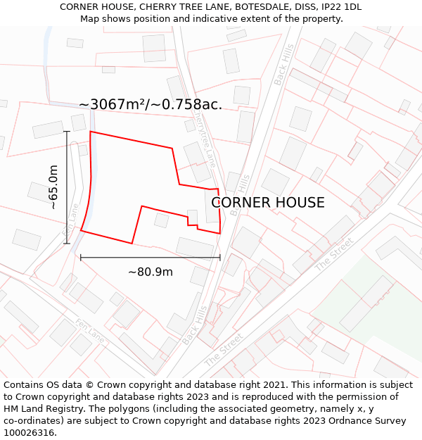 CORNER HOUSE, CHERRY TREE LANE, BOTESDALE, DISS, IP22 1DL: Plot and title map