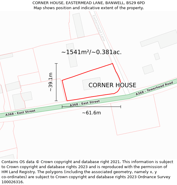 CORNER HOUSE, EASTERMEAD LANE, BANWELL, BS29 6PD: Plot and title map