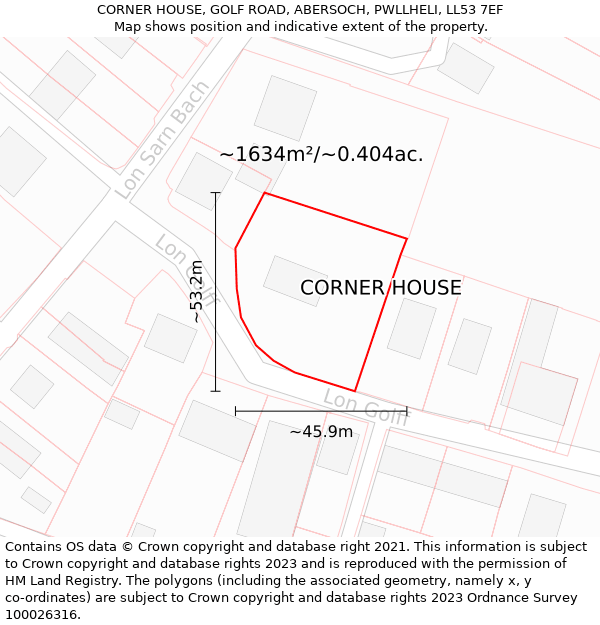 CORNER HOUSE, GOLF ROAD, ABERSOCH, PWLLHELI, LL53 7EF: Plot and title map