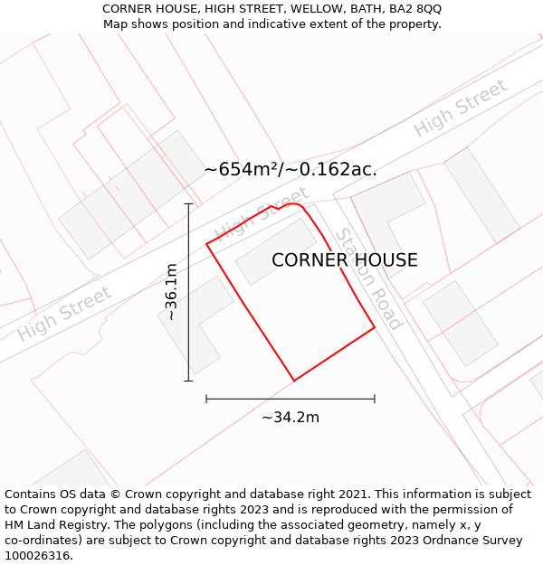 CORNER HOUSE, HIGH STREET, WELLOW, BATH, BA2 8QQ: Plot and title map