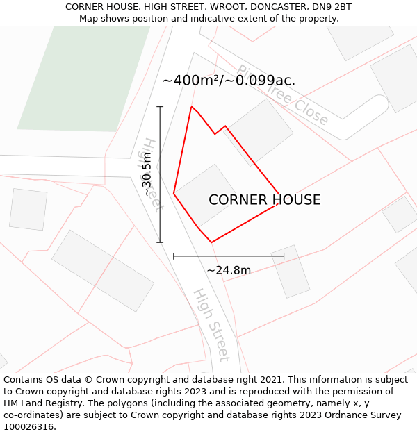 CORNER HOUSE, HIGH STREET, WROOT, DONCASTER, DN9 2BT: Plot and title map