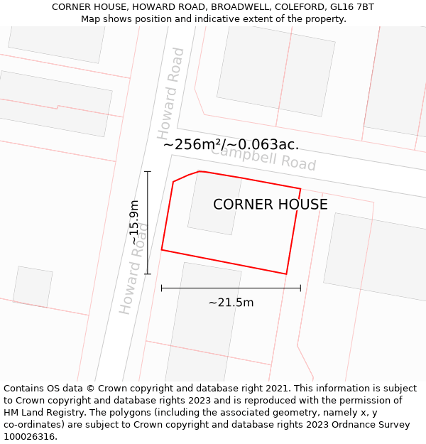 CORNER HOUSE, HOWARD ROAD, BROADWELL, COLEFORD, GL16 7BT: Plot and title map