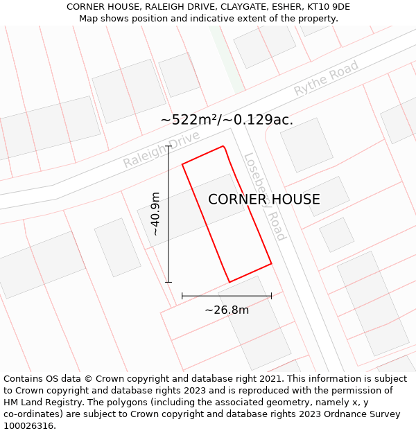 CORNER HOUSE, RALEIGH DRIVE, CLAYGATE, ESHER, KT10 9DE: Plot and title map
