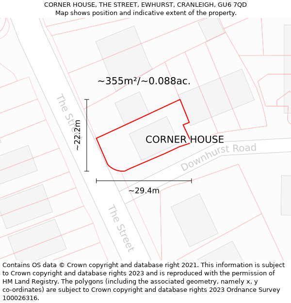 CORNER HOUSE, THE STREET, EWHURST, CRANLEIGH, GU6 7QD: Plot and title map