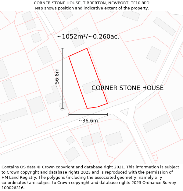 CORNER STONE HOUSE, TIBBERTON, NEWPORT, TF10 8PD: Plot and title map