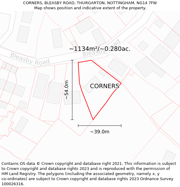 CORNERS, BLEASBY ROAD, THURGARTON, NOTTINGHAM, NG14 7FW: Plot and title map