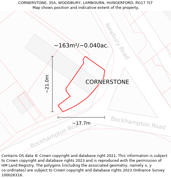 CORNERSTONE, 35A, WOODBURY, LAMBOURN, HUNGERFORD, RG17 7LT: Plot and title map