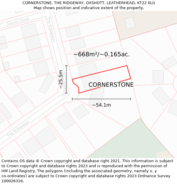 CORNERSTONE, THE RIDGEWAY, OXSHOTT, LEATHERHEAD, KT22 0LG: Plot and title map