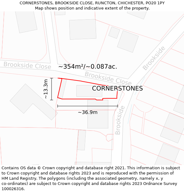 CORNERSTONES, BROOKSIDE CLOSE, RUNCTON, CHICHESTER, PO20 1PY: Plot and title map