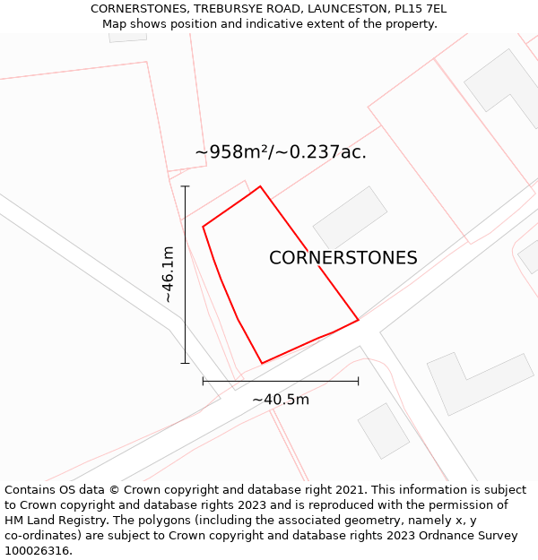 CORNERSTONES, TREBURSYE ROAD, LAUNCESTON, PL15 7EL: Plot and title map