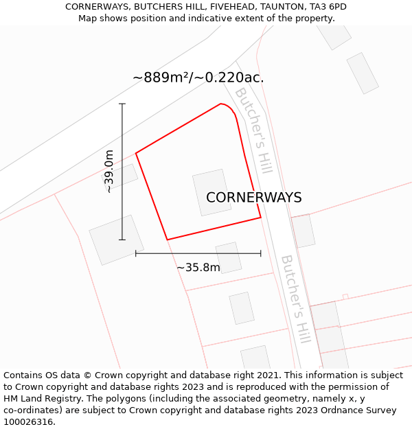 CORNERWAYS, BUTCHERS HILL, FIVEHEAD, TAUNTON, TA3 6PD: Plot and title map