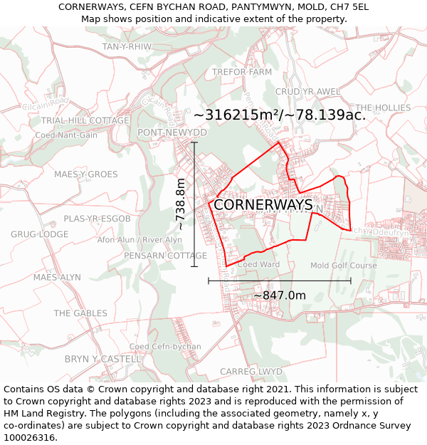 CORNERWAYS, CEFN BYCHAN ROAD, PANTYMWYN, MOLD, CH7 5EL: Plot and title map