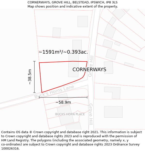 CORNERWAYS, GROVE HILL, BELSTEAD, IPSWICH, IP8 3LS: Plot and title map