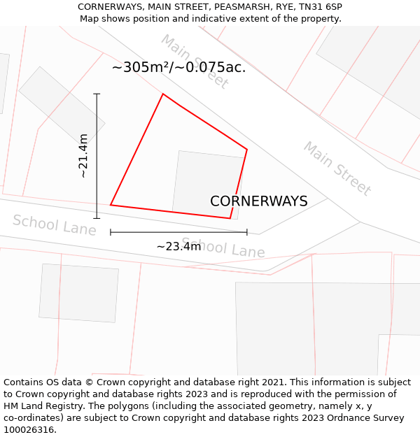 CORNERWAYS, MAIN STREET, PEASMARSH, RYE, TN31 6SP: Plot and title map