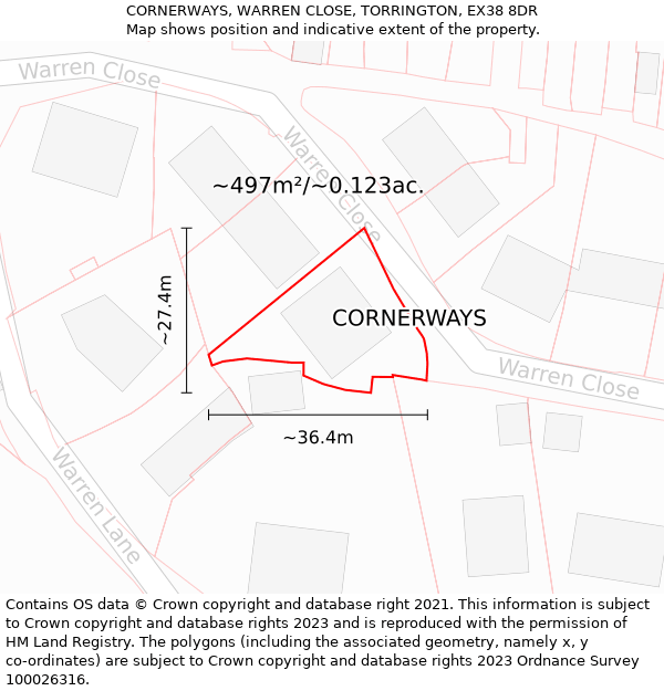 CORNERWAYS, WARREN CLOSE, TORRINGTON, EX38 8DR: Plot and title map