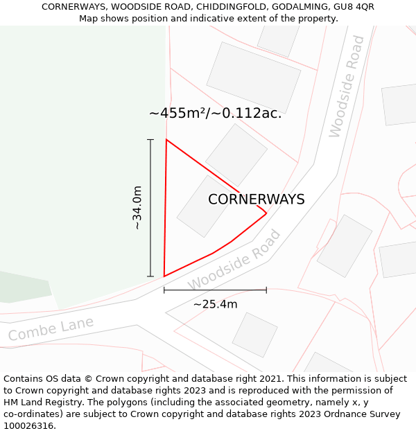 CORNERWAYS, WOODSIDE ROAD, CHIDDINGFOLD, GODALMING, GU8 4QR: Plot and title map