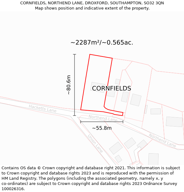 CORNFIELDS, NORTHEND LANE, DROXFORD, SOUTHAMPTON, SO32 3QN: Plot and title map