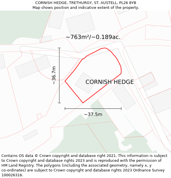 CORNISH HEDGE, TRETHURGY, ST. AUSTELL, PL26 8YB: Plot and title map