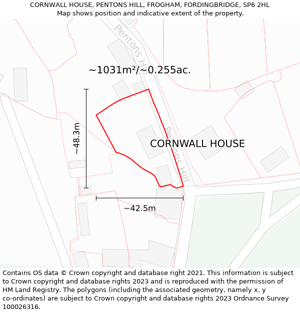 CORNWALL HOUSE, PENTONS HILL, FROGHAM, FORDINGBRIDGE, SP6 2HL: Plot and title map