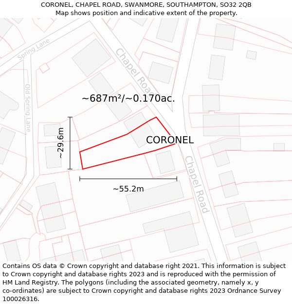 CORONEL, CHAPEL ROAD, SWANMORE, SOUTHAMPTON, SO32 2QB: Plot and title map